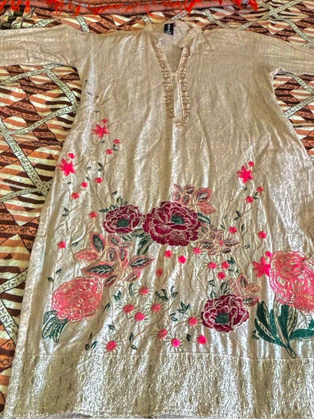 U Pak N Ship Metallic Beige Tunic with Pink & Green Floral Embroidery